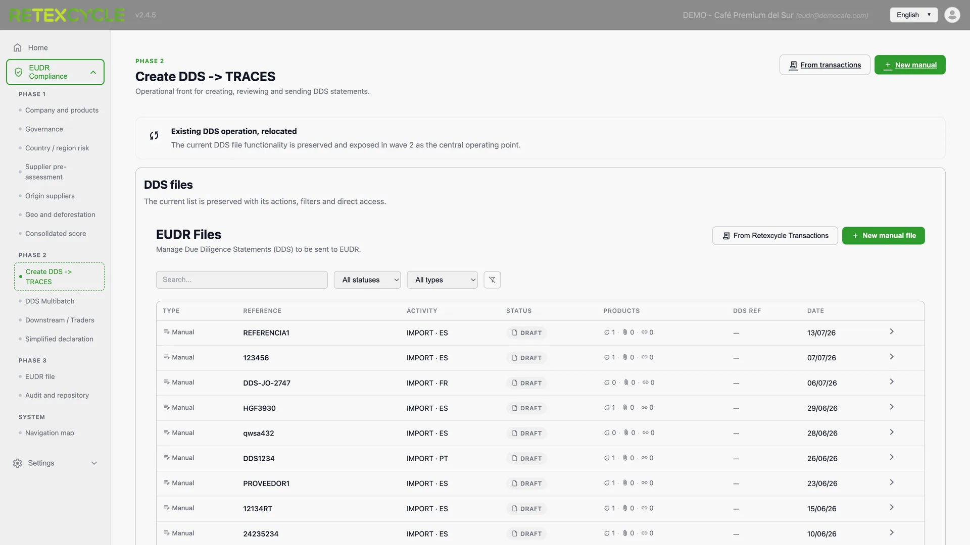 Crear y enviar declaraciones DDS a EU TRACES NT desde Retexcycle Compliance Hub