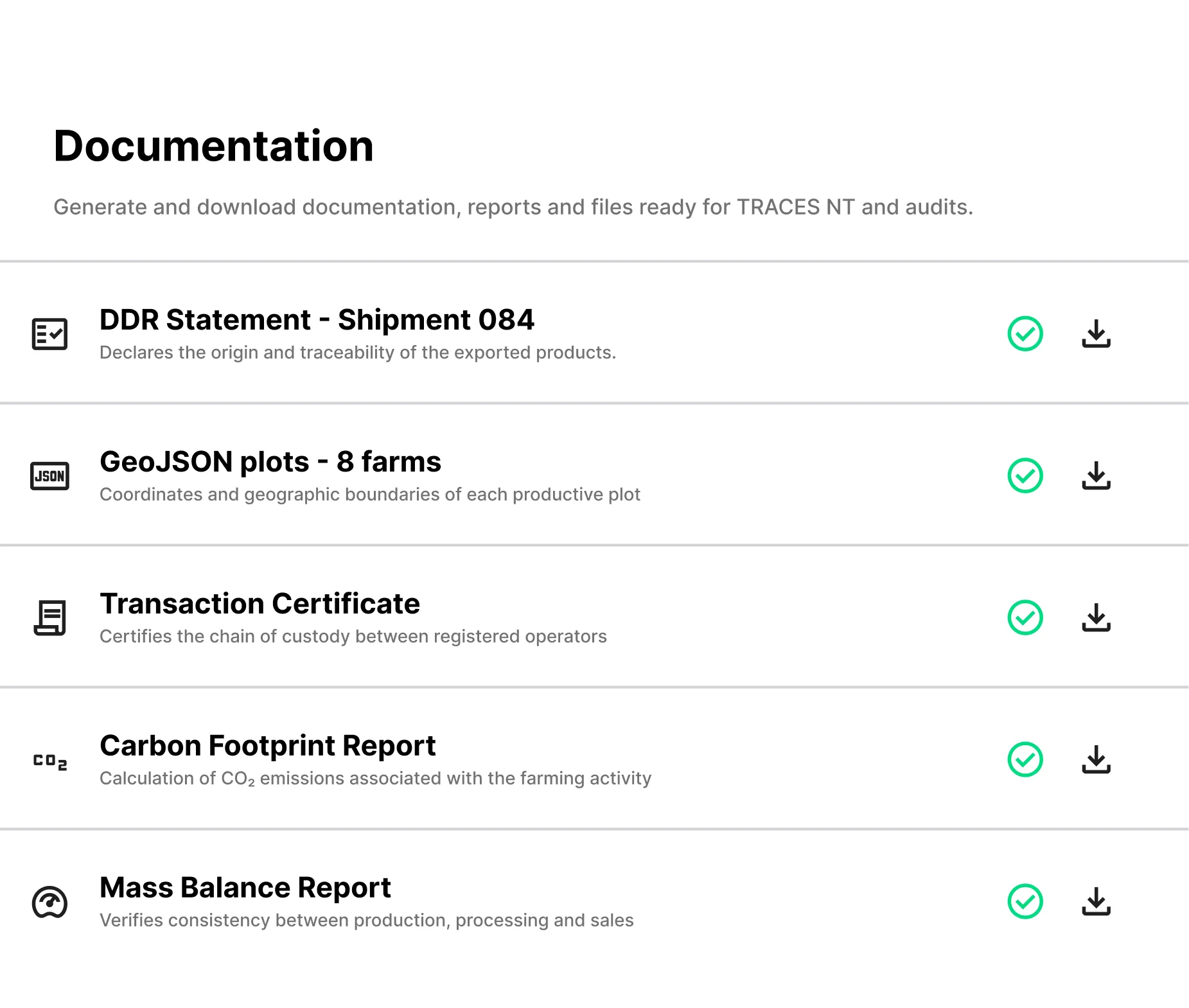Documentaci&oacute;n EUDR lista para descargar: DDS, GeoJSON, certificado de transacci&oacute;n, huella de carbono y balance de masas