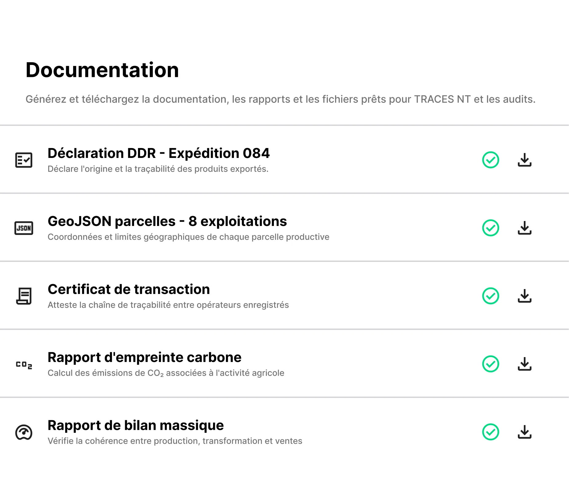 Documentaci&oacute;n EUDR lista para descargar: DDS, GeoJSON, certificado de transacci&oacute;n, huella de carbono y balance de masas