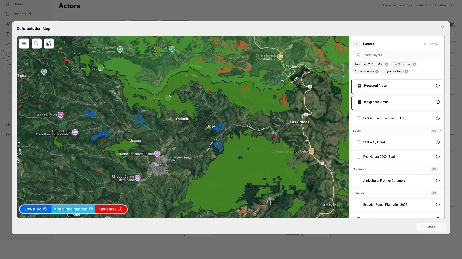 Mapa de deforestaci&oacute;n con capas de riesgo y &aacute;reas protegidas para EUDR